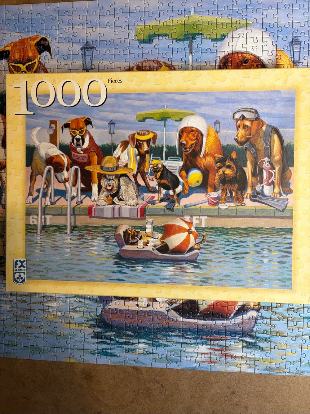 🧩 1000-Piece Vintage FX Schmid “Happy Hour”. Pups having a pool party. Complete.